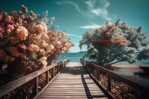 fotorealistico foto di un' di legno sentiero per il spiaggia. blu cielo. plam alberi, floreale nozze arco bianca fiori. ai generativo
