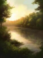 un' tranquillo, calmo lago circondato di lussureggiante verdura e alberi, con un' realistico ancora leggermente artistico stile. ai generativo foto