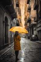 giallo ombrello nel mano di donna a piedi su un' incolore strada. ai generativo foto