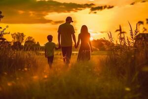 silhouette di contento famiglia a piedi nel il prato a tramonto. ai generativo foto
