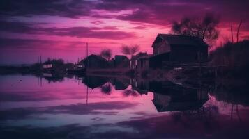 un' scena nel quale il intero viola cielo è riflessa nel il acqua. ai generativo foto