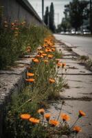 alcuni fiori quello siamo foderato su su il lato di un' strada. ai generativo foto