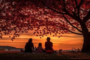 il silhouette di un' famiglia godendo un' picnic sotto un' ciliegia fiorire albero nel tramonto cielo. ai generativo foto