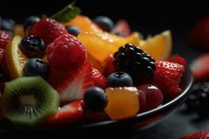 fresco frutta insalata, vicino su, macro, nel il stile di cibo fotografia. ai generativo foto