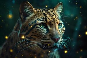 leopardo ritratto vicino su su buio sfondo. neurale Rete ai generato foto