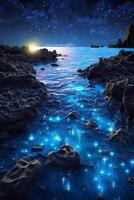 oceano riva a notte, il acqua è pieno di dinoflagellati, raggiante con milioni luminosa blu neon splendore nel il buio minuscolo punti. ai generativo foto