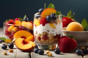 salutare colazione, naturale Yogurt con fresco frutti di bosco e muesli. neurale Rete ai generato foto
