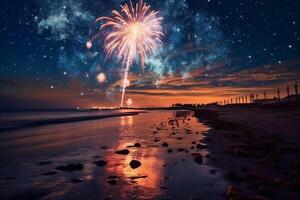 fuoco d'artificio notte mare stella. ai generativo foto