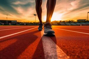 corridori piedi nel un' atletico in esecuzione traccia. giovane uomo atleta formazione a tramonto. ai generativo foto