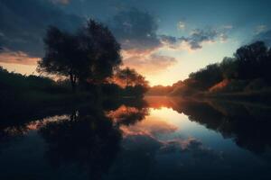 un' scena nel quale il intero cielo è riflessa nel il acqua. ai generativo foto