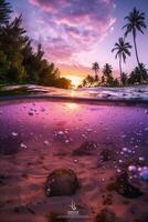 fotografia di bellissimo invitante spiaggia scena con viola tramonto cielo. ai generativo foto