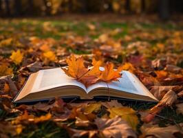 libro su un' foglia con acero albero a sfondo. ai generativo foto