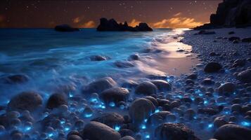 oceano riva a notte, il acqua è pieno di dinoflagellati, raggiante con milioni luminosa blu neon splendore nel il buio minuscolo punti. ai generativo foto