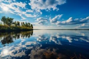 un' scena nel quale il intero cielo è riflessa nel il acqua. ai generativo foto