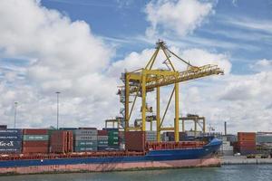 Grandi gru industriali che caricano la nave portacontainer nel porto di Dublino in Irlanda foto