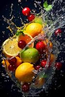 fresco frutta, spruzzata, vivace colori. ai generativo foto