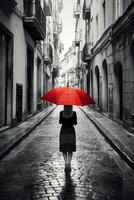 rosso ombrello nel mano di donna a piedi su un' incolore strada. ai generativo foto