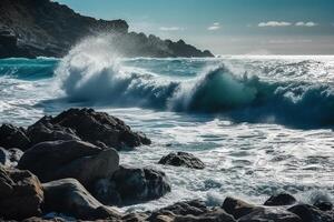 soleggiato giorno, bellezza di marino natura, forza e energia di il acqua elemento nel modulo di un' grande turchese mare onda Crashing su costa. ai generativo foto