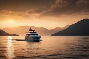 lusso yacht andare in barca nel il mezzo di il mare accanto un isola e montagne nel il orizzonte a tramonto come largo striscione. ai generativo foto