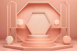 astratto minimo scena - vuoto palcoscenico, cilindro podio e cerchio forma su rosa sfondo. neurale Rete ai generato foto