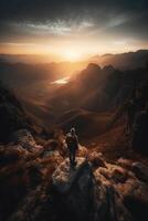 un' uomo è in piedi su un' montagna. ai generativo foto