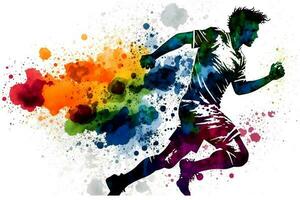 calcio calcio giocatore nel azione con arcobaleno acquerello spruzzata. isolato bianca sfondo. neurale Rete generato arte foto