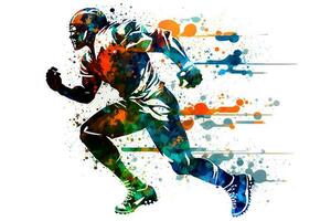 americano calcio giocatore uomo con multicolore dipingere spruzzata, isolato su bianca sfondo. neurale Rete generato arte foto