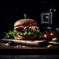 delizioso Hamburger con patatine fritte e bevande su il tavolo su il bar sfondo Prodotto fotografia con nikon. veloce cibo concetto. ai generativo foto