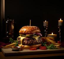 delizioso Hamburger con patatine fritte e bevande su il tavolo su il bar sfondo Prodotto fotografia con nikon. veloce cibo concetto. ai generativo foto