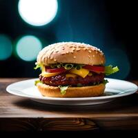 succoso hamburger con patatine fritte e bevanda su un' tavolo nuovo azione Immagine qualità cibo illustrazione del desktop carta da parati.ai generativo foto