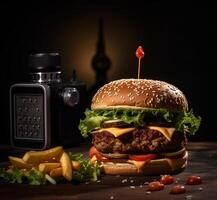 delizioso Hamburger con patatine fritte e bevande su il tavolo su il bar sfondo Prodotto fotografia con nikon. veloce cibo concetto. ai generativo foto