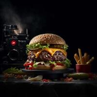 delizioso Hamburger con patatine fritte e bevande su il tavolo su il bar sfondo Prodotto fotografia con nikon. veloce cibo concetto. ai generativo foto