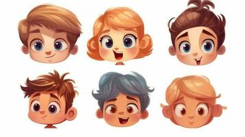 il impostato di allegro cartone animato personaggi con luminosa sorrisi e espressive facce portato immenso gioia e divertimento per il bambini nel il vivace illustrazione. foto