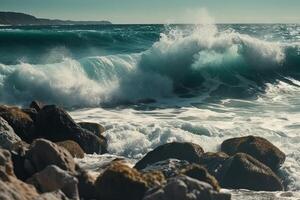 soleggiato giorno, bellezza di marino natura, forza e energia di il acqua elemento nel modulo di un' grande turchese mare onda Crashing su costa. ai generativo foto