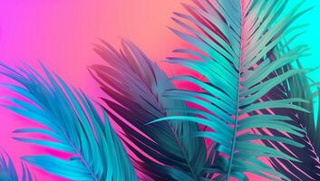 tropicale palma albero e le foglie nel vivace colore pendenza sfondo, estate design tendenza, generativo ai foto