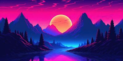 estetico montagna synthwave retrowave sfondo con un' freddo e vivace neon disegno, ai generato foto