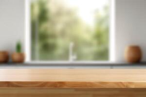 vuoto legna tavolo e sfocato sfondo di moderno minimalista cucina Prodotto Schermo modello, ai generato foto