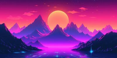 estetico montagna synthwave retrowave sfondo con un' freddo e vivace neon disegno, ai generato foto