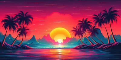 estetico spiaggia synthwave retrowave sfondo con un' freddo e vivace neon disegno, ai generato foto