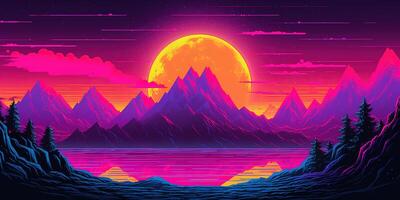 estetico montagna synthwave retrowave sfondo con un' freddo e vivace neon disegno, ai generato foto