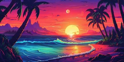 estetico spiaggia synthwave retrowave sfondo con un' freddo e vivace neon disegno, ai generato foto