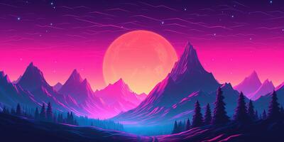 estetico montagna synthwave retrowave sfondo con un' freddo e vivace neon disegno, ai generato foto