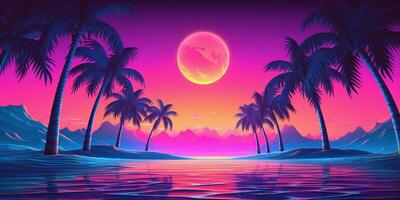 estetico spiaggia synthwave retrowave sfondo con un' freddo e vivace neon disegno, ai generato foto