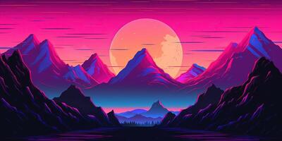 estetico montagna synthwave retrowave sfondo con un' freddo e vivace neon disegno, ai generato foto