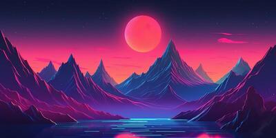 estetico montagna synthwave retrowave sfondo con un' freddo e vivace neon disegno, ai generato foto