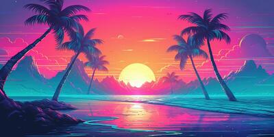 estetico spiaggia synthwave retrowave sfondo con un' freddo e vivace neon disegno, ai generato foto