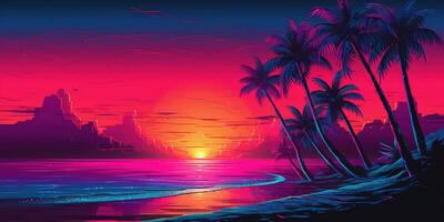 estetico spiaggia synthwave retrowave sfondo con un' freddo e vivace neon disegno, ai generato foto