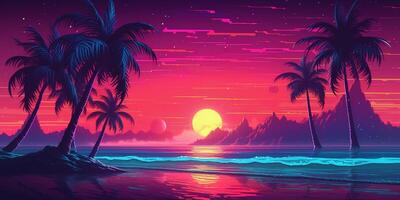 estetico spiaggia synthwave retrowave sfondo con un' freddo e vivace neon disegno, ai generato foto