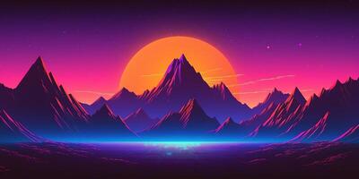 estetico montagna synthwave retrowave sfondo con un' freddo e vivace neon disegno, ai generato foto