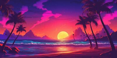 estetico spiaggia synthwave retrowave sfondo con un' freddo e vivace neon disegno, ai generato foto